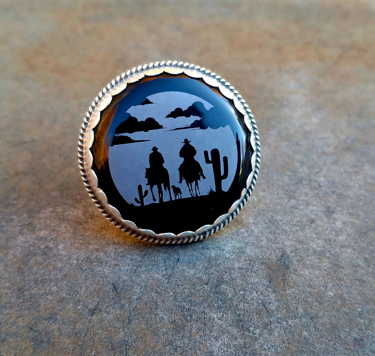 Black Onyx Desert Scene Adjustable Ring