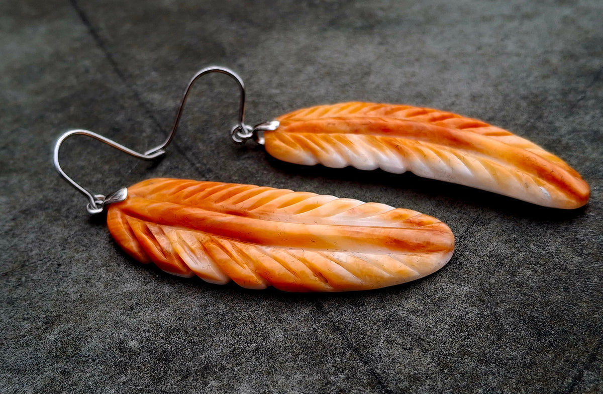 Spiny Carved Feather Earrings