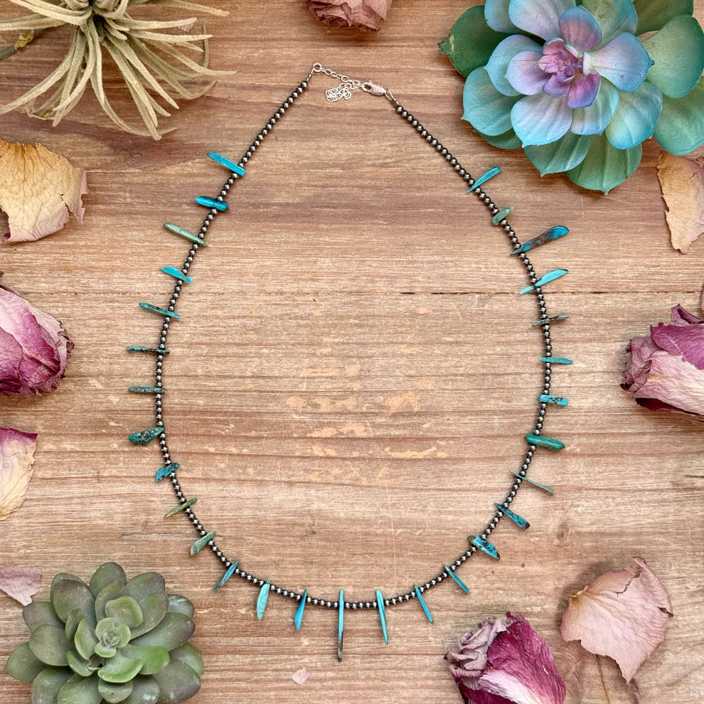 Sterling Silver Pearl & Turquoise Slab Necklace - 21"