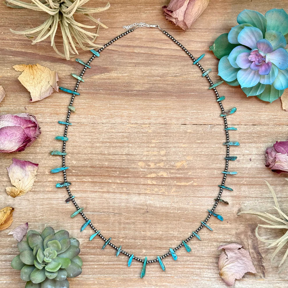 Sterling Silver Pearl & Turquoise Slab Necklace - 24"