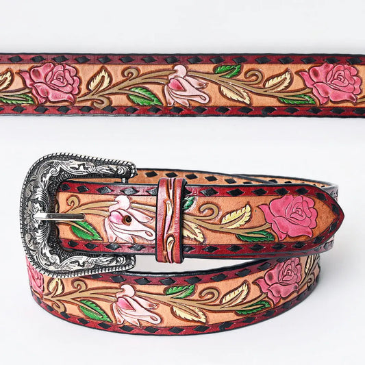 Pink Rose Tooled Buckstitch Belt #167