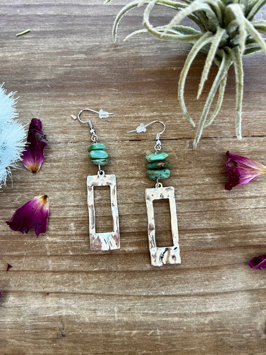 Green turquoise dangle earrings rectangle